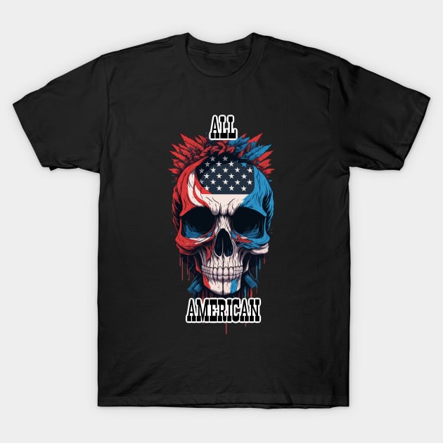 All American 4th of July Skull with the American Flag T-Shirt by LittleBearBlue